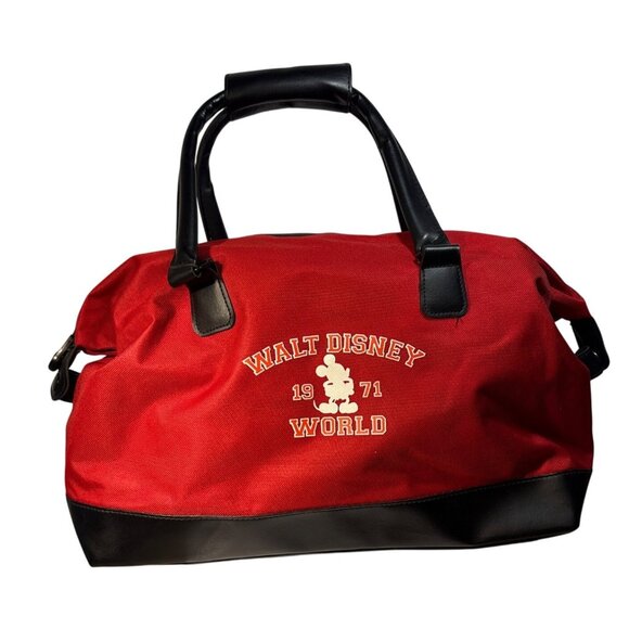 Walt Disney World Duffle Bag Mickey Mouse 1971 Red Black Carry On Leather Base H - Picture 1 of 14